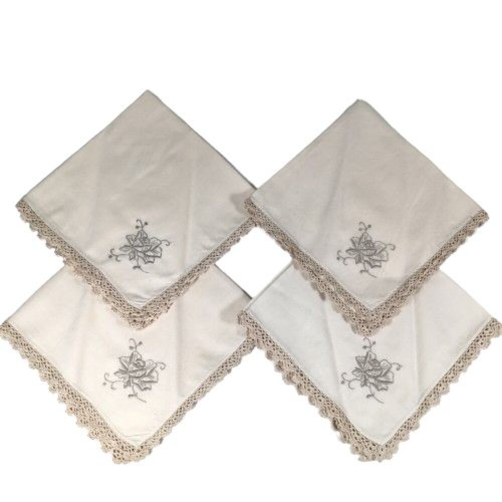 Set of 4 Vintage Ecru Linen Dinner Napkins w/Taupe Embroidered Flower & Edging